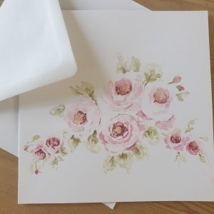 Hand-painted 8x8 inch watercolour greeting card featuring soft, warm afternoon roses with a clean white matching envelope.