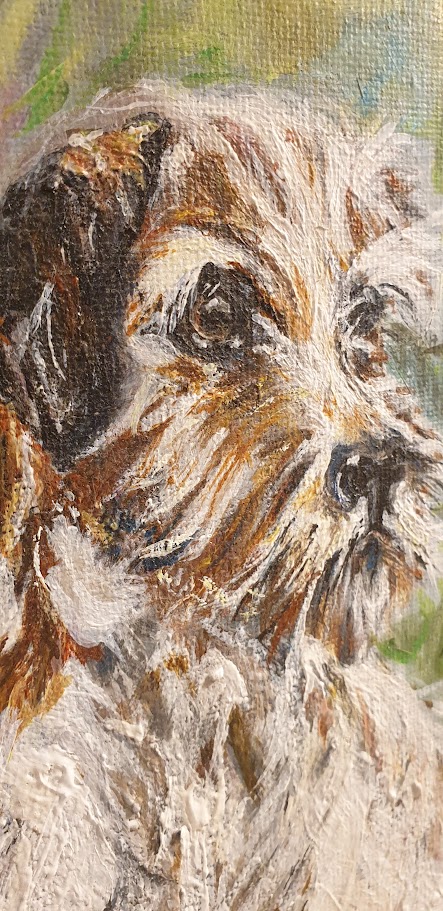 Side profile view of the 25cm by 30cm original terrier dog painting showing the canvas depth and the artist's signature.