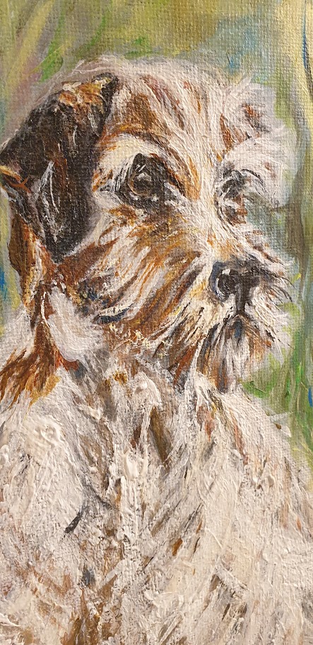 Close-up detail of the hand-painted scruffy terrier coat texture and artistic brushstrokes in the green meadow grass.