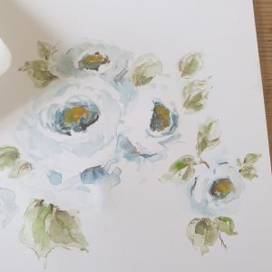 Original 8x8 blue rose watercolour painting greeting card by Rose and Foxgloves, signed by the artist, showing delicate hand-painted floral details with matching envelope.